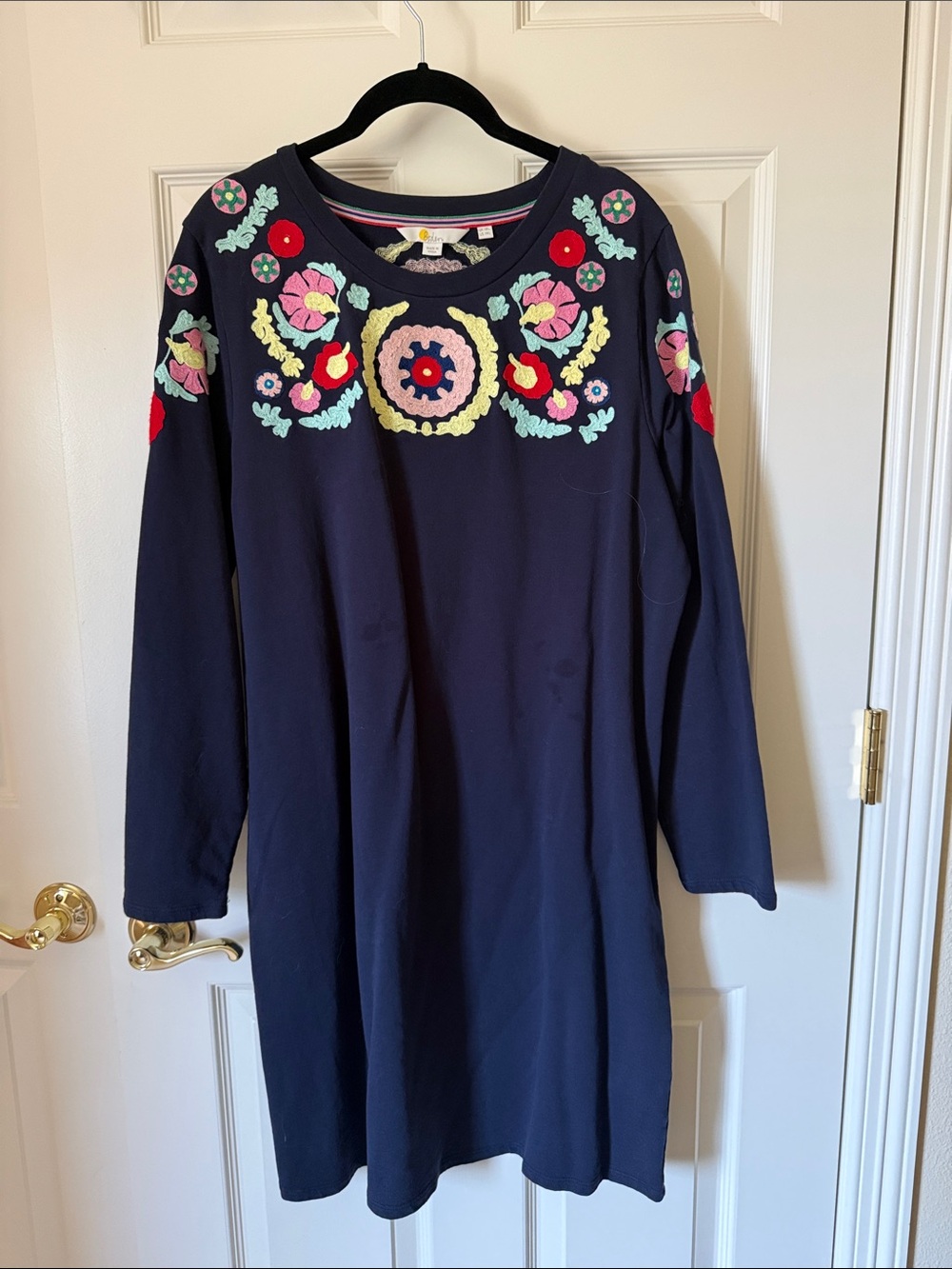 Boden Navy Embroidered Floral Long-Sleeve Tunic Dress, 14L